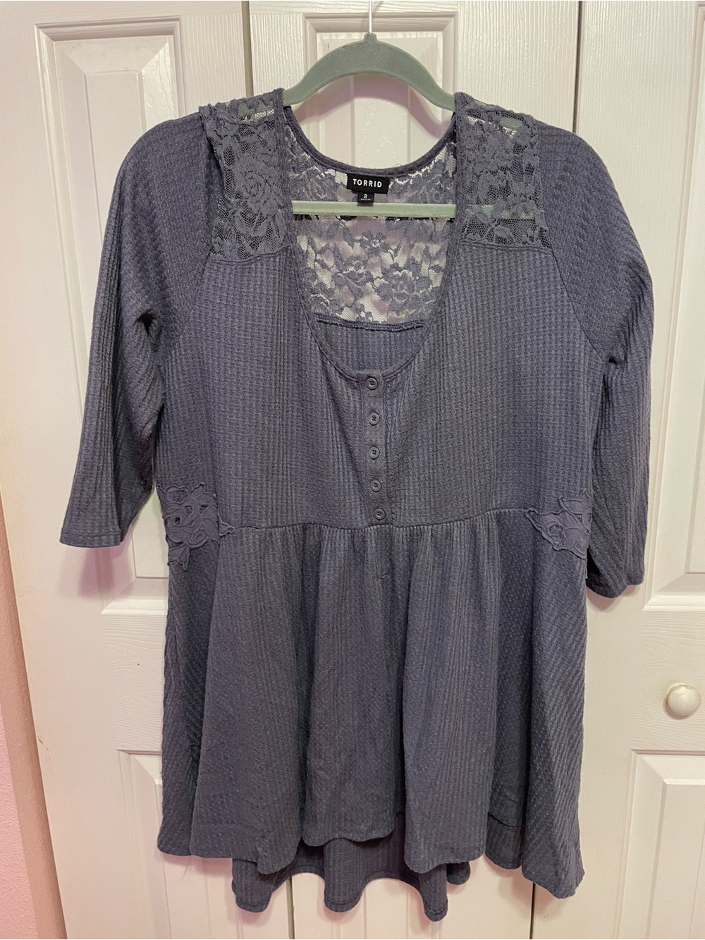 torrid gray waffle knit peplum top with lace yoke